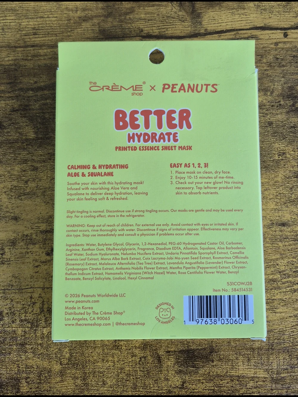 NIB The Crème Shop x Peanuts Better Hydrate Sheet Mask Set of 5 Aloe Squalane